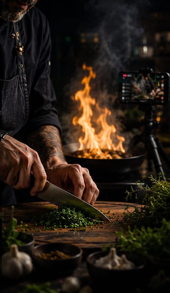 Manos de chef preparando ingredientes en una cocina, ilustra transmisiones de cocina en directo sin filtros
